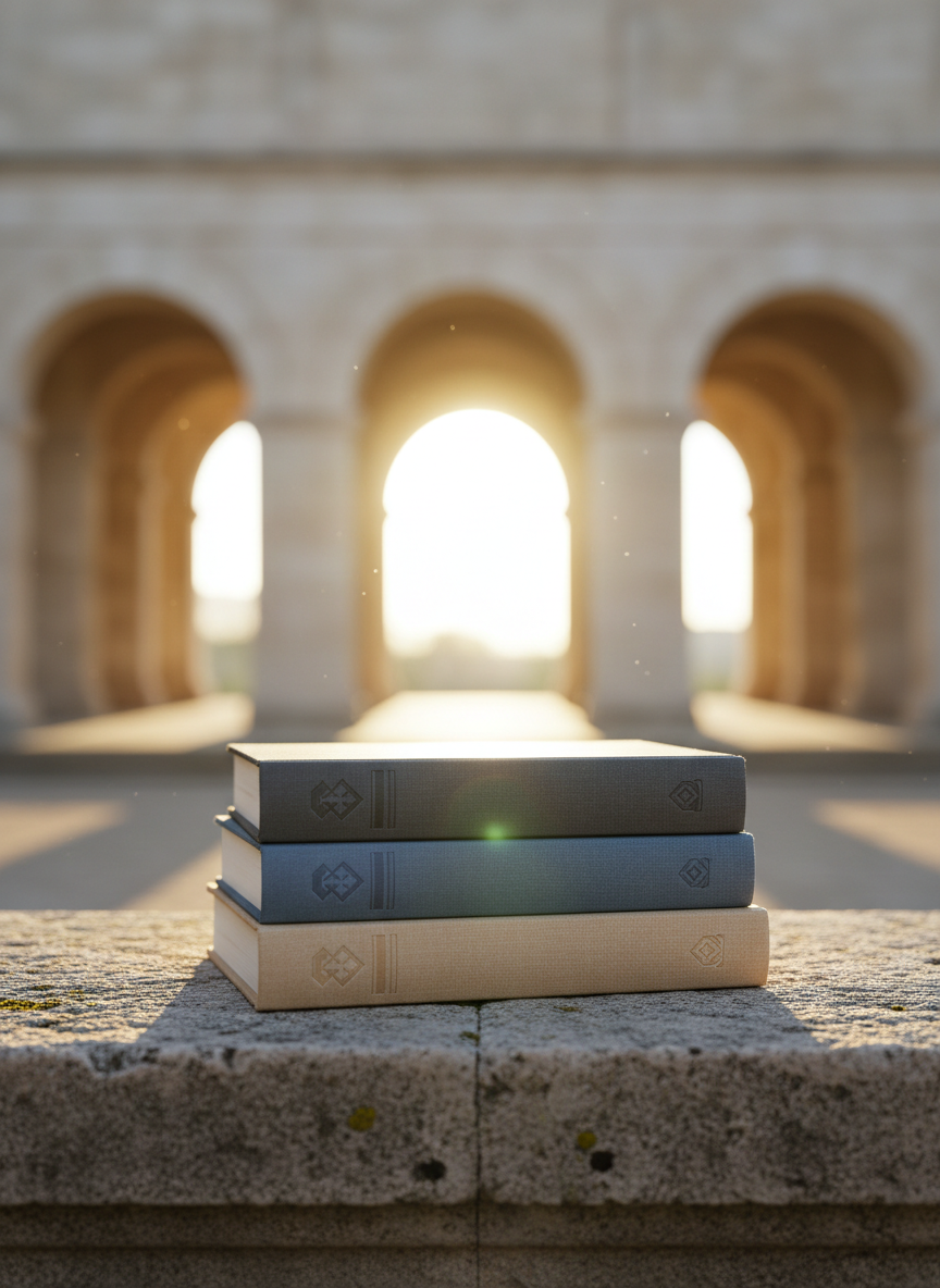 A meticulously arranged stack of three hardback books on a weathered stone slab, their linen covers in deep charcoal, muted indigo, and warm sandstone. The titles are hinted at only through subtle embossing, not legible, conveying seriousness without distraction. Behind them stretches a softly out-of-focus expanse of pale stone architecture, suggesting arches and an open passageway leading into light. Late afternoon natural light pours from the distant opening, creating a path of illumination across the slab and the book spines. The mood is contemplative and intellectually rigorous, with photographic realism and a clean, modern aesthetic. Shot at eye level with a shallow depth of field, the composition centers the books while drawing the gaze toward the luminous opening, evoking emergence and inner transformation through study.