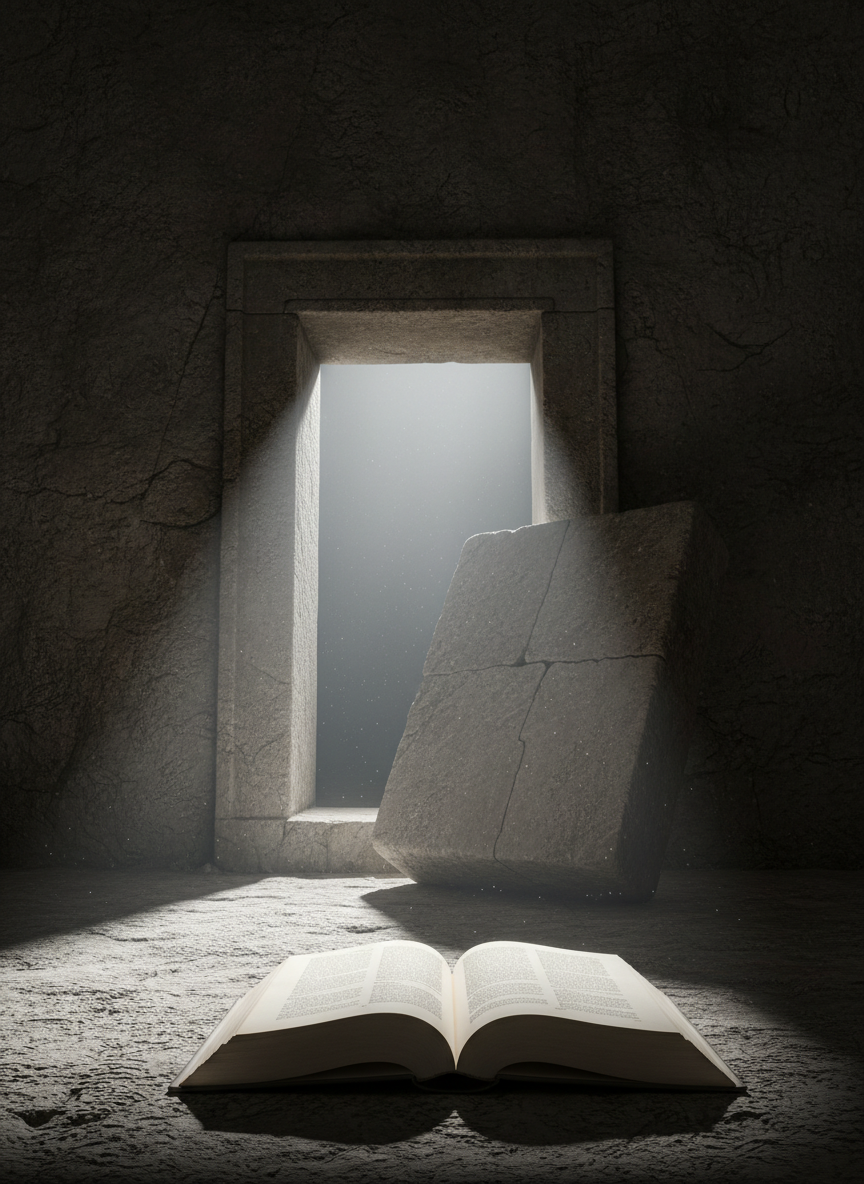 An open stone doorway set into a massive, rough-hewn wall, the heavy rectangular stone slab that once sealed it now resting to the side, cracked but intact. From within the dark chamber, a clear, cool white light spills outward in clean rays, illuminating the finely grained texture of the stone floor and dust motes suspended in the air. In the foreground, a single open book lies on the threshold, its cream pages slightly curled, edges deckled, catching the light with quiet emphasis. The mood is sober, reverent, and unsentimental, with photographic realism and a minimalist composition. Captured from a low angle, the frame uses the rule of thirds to balance the doorway and book, suggesting renewal, emergence, and a thoughtful engagement with Consciousness.