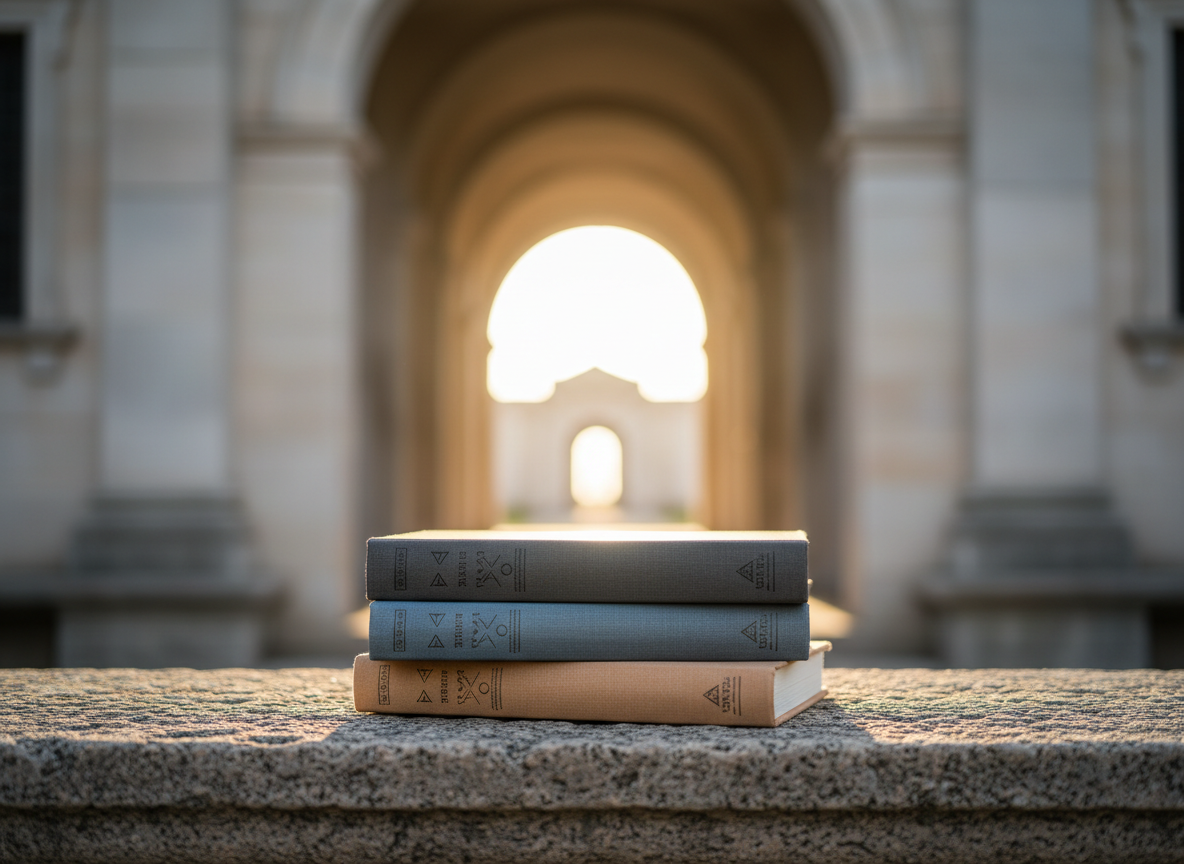 A meticulously arranged stack of three hardback books on a weathered stone slab, their linen covers in deep charcoal, muted indigo, and warm sandstone. The titles are hinted at only through subtle embossing, not legible, conveying seriousness without distraction. Behind them stretches a softly out-of-focus expanse of pale stone architecture, suggesting arches and an open passageway leading into light. Late afternoon natural light pours from the distant opening, creating a path of illumination across the slab and the book spines. The mood is contemplative and intellectually rigorous, with photographic realism and a clean, modern aesthetic. Shot at eye level with a shallow depth of field, the composition centers the books while drawing the gaze toward the luminous opening, evoking emergence and inner transformation through study.