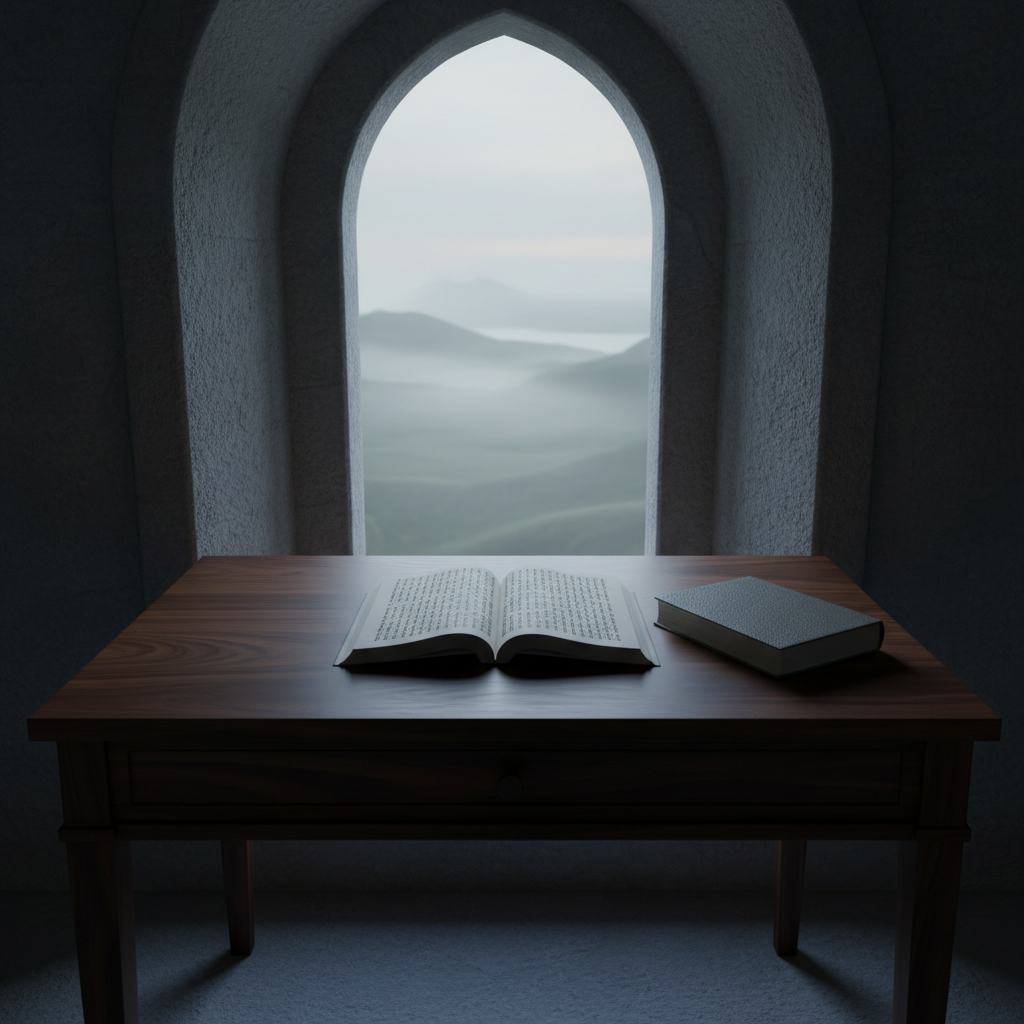 A solitary, finely crafted writing desk made of dark walnut, positioned in front of a tall, arched stone window that opens onto a distant, misty horizon. On the desk rests a single open manuscript, its pages filled with dense, illegible script, flanked by a closed hardback book with a textured linen cover in slate gray. Soft pre-dawn light seeps through the opening, outlining the stone architecture and creating a subtle gradient from shadow to illumination across the workspace. The atmosphere is quiet, disciplined, and inwardly focused, free of ornament or sentimentality. Photographic realism emphasizes the grain of the wood, the cool surface of the stone, and the crispness of the paper. Shot from a slightly elevated angle, with deep focus to include both desk and opening, the composition suggests rigorous contemplation and inner transformation through carefully crafted thought.